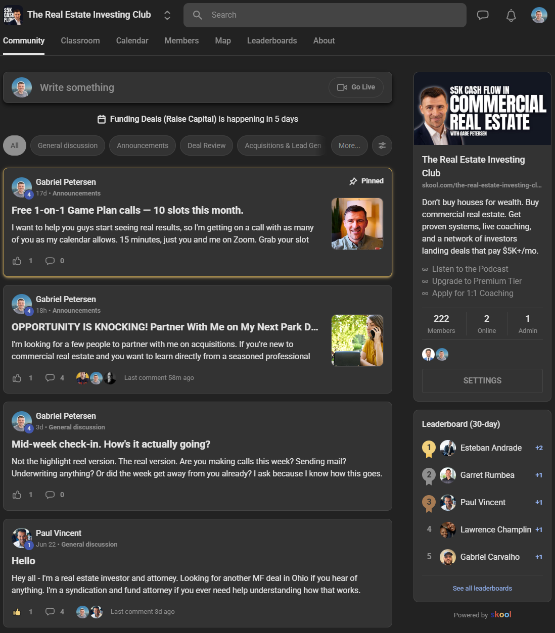 Inside the REI Club community on Skool — live feed, events, and leaderboard